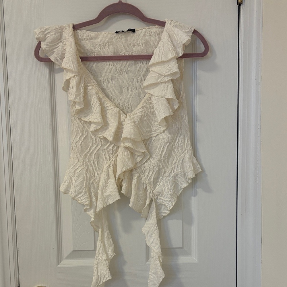 Zara Cream Ruffle V-Neck Tie-Front Blouse